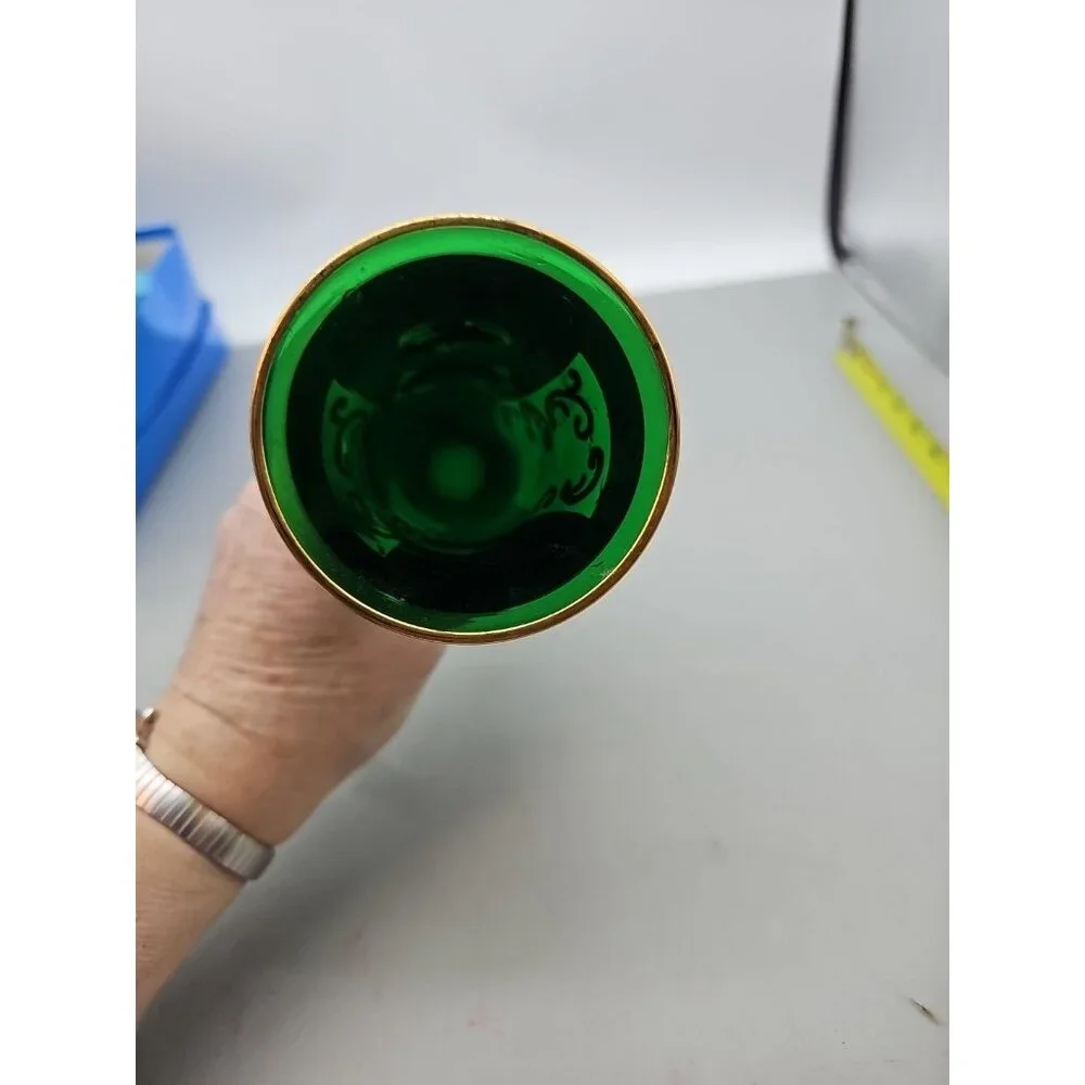 Vintage Hand Painted Art Glass Vase~ Venetian Style Green‎ W/White Flowers~7